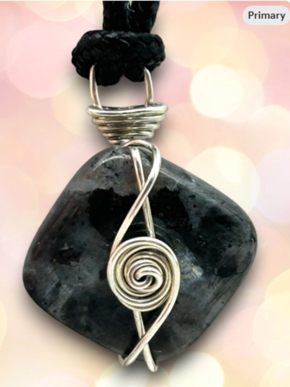 Handmade Black Moonstone Wire Wrapped Pendant in Silver